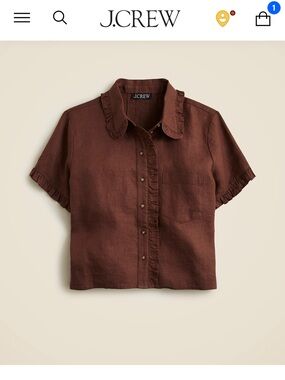Sold-out J.Crew Ruffle-Trim Button-Up Shirt in Linen cocoa brown. XS